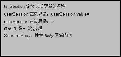 文本框: ts_Session定义关联变量的名称
userSession左边界是：userSession value=
userSession右边界是：>
Ord=1,第一次出现
Search=Body：搜索Body区域内容
