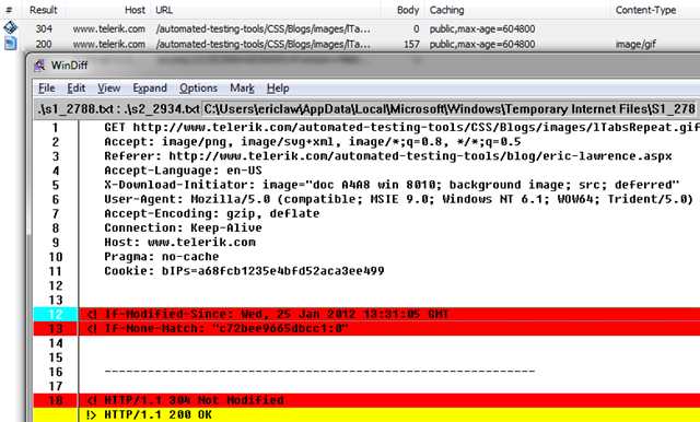 Screenshot of Windiff of conditional and unconditional requests