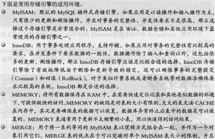 计算机生成了可选文字: 下面是常用存储引擎的适用环境。
0My1SAM：双认的MySQL插件式存储引华。如果应用是以读操作和插入操作为主，
只有很少的更新和侧除操作，并且时事务的完整性、并发性要求不是很高，那么选
择这个存储引擎是非常适合的。MylsAM是在web、数据仓储和其他应用环晚下最
常使用的存储引擎之一。
JInnoDB：用于事务处理应用程序，支持外健二如果应用对事务的完整性有比较高的
要求，在并发条件下要求数据的一致性，数据操作除了插入和查询以外，还包括很
多的更新、删除操作，那么InnoDB存储引擎应该是比较合适的选择。InnoDB存储
引擎除了有效地降低由于．,J除和更新导致的锁定，还可以确保事务的完整提交
(C。～:）和回滚（RoUback)，对于类似计费系统或者时务系统等对数据准确性要
求比较高的系统，IrmoDB都是合适的选择。
JMEMORY：将所有数据保存在RAM中，在需要快速定位记录和其他类似数据的环境
下，可提供极快的访问。MEMORY的缺陷是对表的大小有限制，太大的表无法CACHE
在内存中，其次是要确保表的数据可以恢复，数据库异常终止后表中的数据是可以恢
复的。MEMORY表通常用于更新不太频繁的小表，用以快速得到访问结果。
。MERGE：用于将一系列等同的My巧AM表以过样方式组合在一起，并作为一个对
象引用它们。MERCE表的优点在于可以突破对单个MylsAM表大小的限制，并且