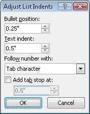 Word 2007 Adjust List Indents dialog box