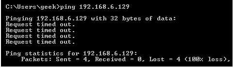 i?2.i68.6.i2? 
Pinging 192.168.6.129 with 32 bytes 
Request timed o?t. 
Request tined out. 
Request timed o?t. 
Request: tined out: . 
Ping statistics E or 
Packets: Sent 
i?2.i68.6.i2?: 
4? Received 
data: 
4 
loss), 