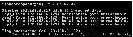 Pinging with 32 byte‘& OF data: 
Reply Tren 192 .168.6.129: Destination port unreachahle. 
Reply Fycni i 92 DeatinatiG? port unreachable. 
Reply Fren 192 .168.6.129: Destination port unreachahle. 
Reply Fycni i 92 DeatinatiG? port unreachable. 
Ping atatistic?? F or 
Packets: gent 
— 4. Received = 
4. Lost 
- loss), 