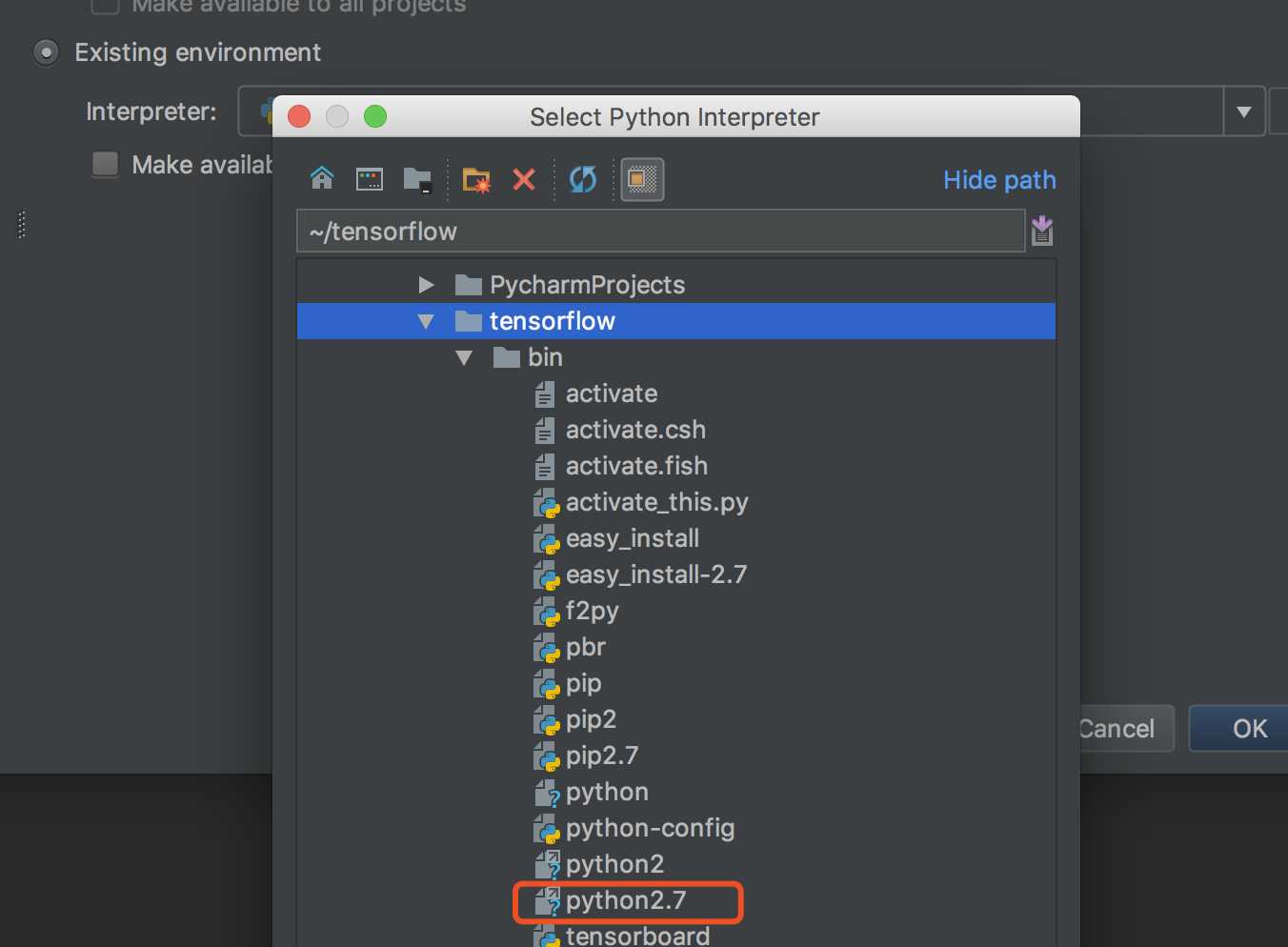 选择existing environment,找到tensorflow安装路径下 bin包里的