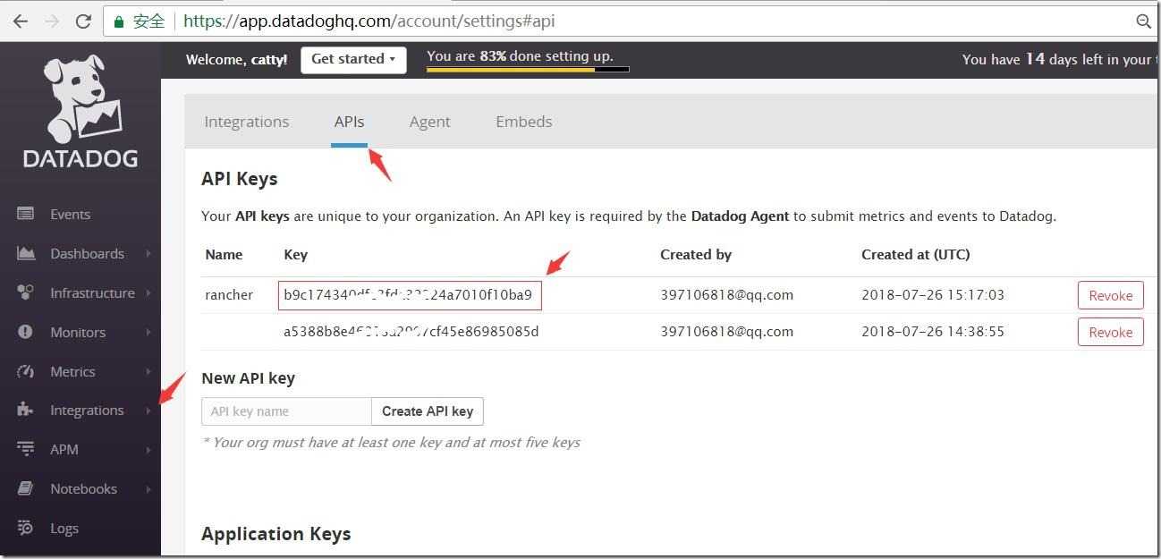 01-登录datadog官方网站-Integrations-APIs中创建一个API Key