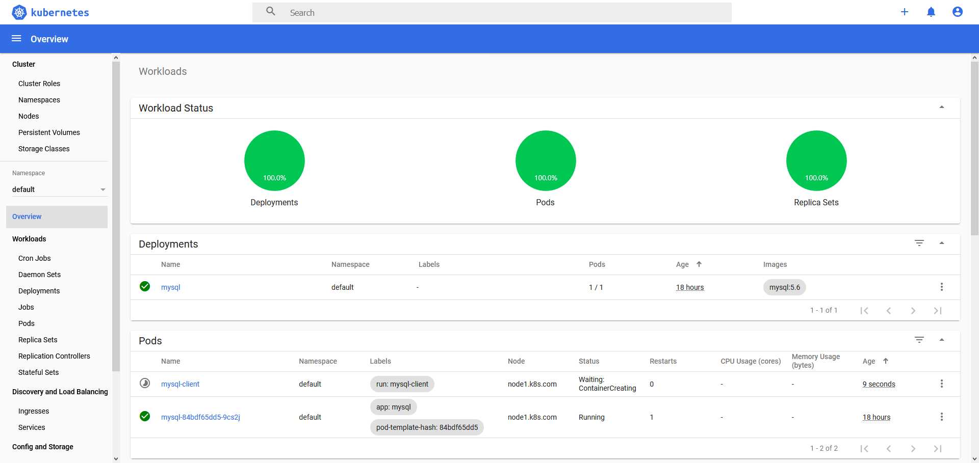 k8s dashboard运行界面