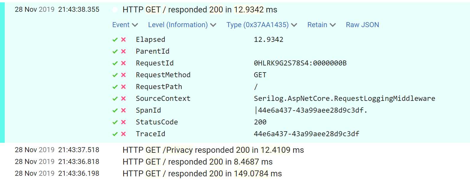 到Seq的RequestLoggingMiddleware日志显示结构化日志包括其他属性