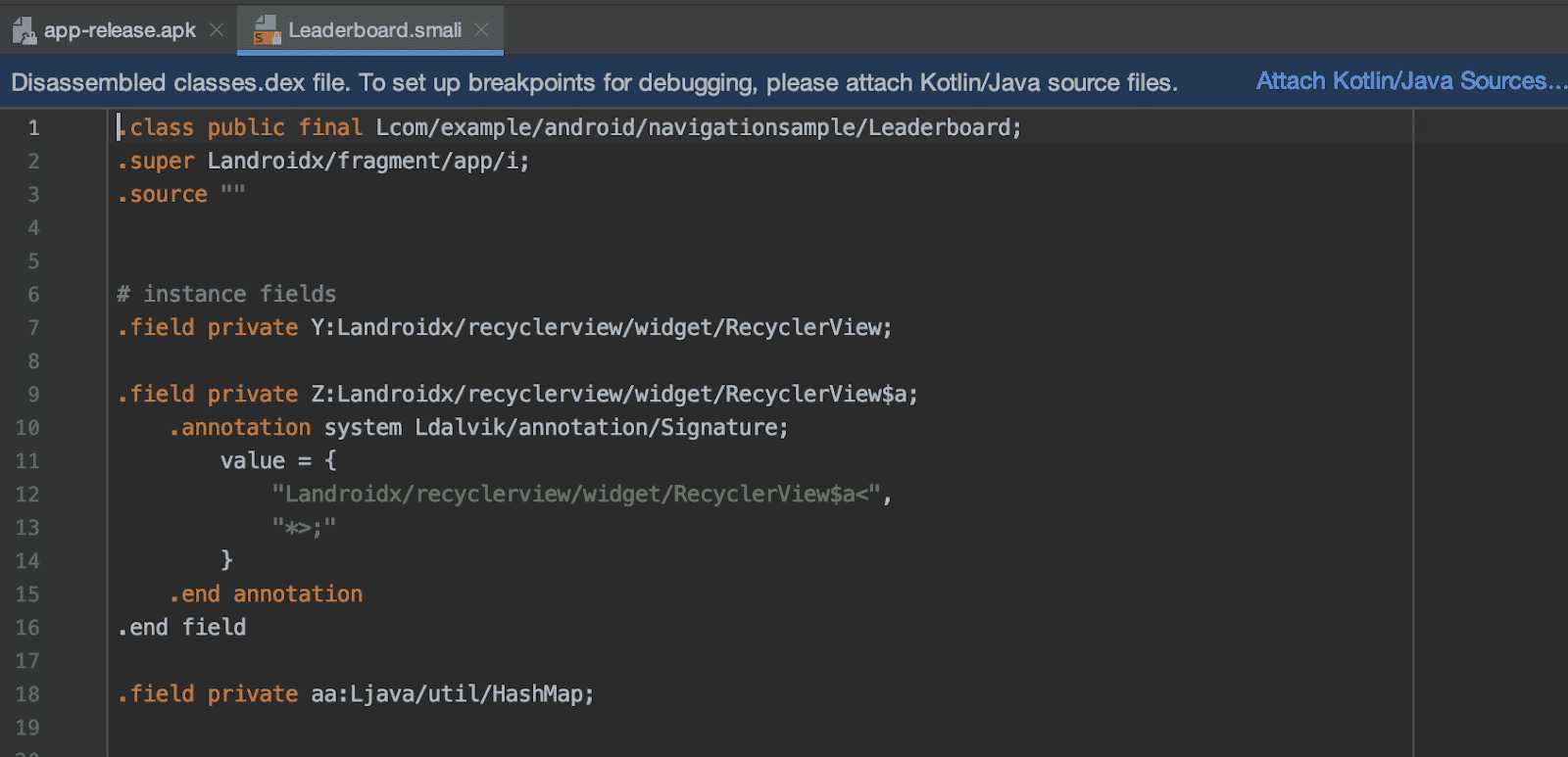 将 Kotlin/Java 源代码附加到导入的 APKs